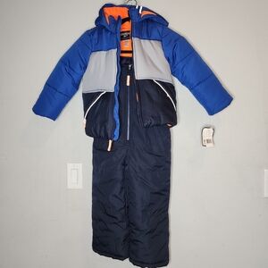 NWT Oshkosh 2-Piece Snowsuit Set Fleece Lined Blue Grey Coat Navy Bib Size M 5-6